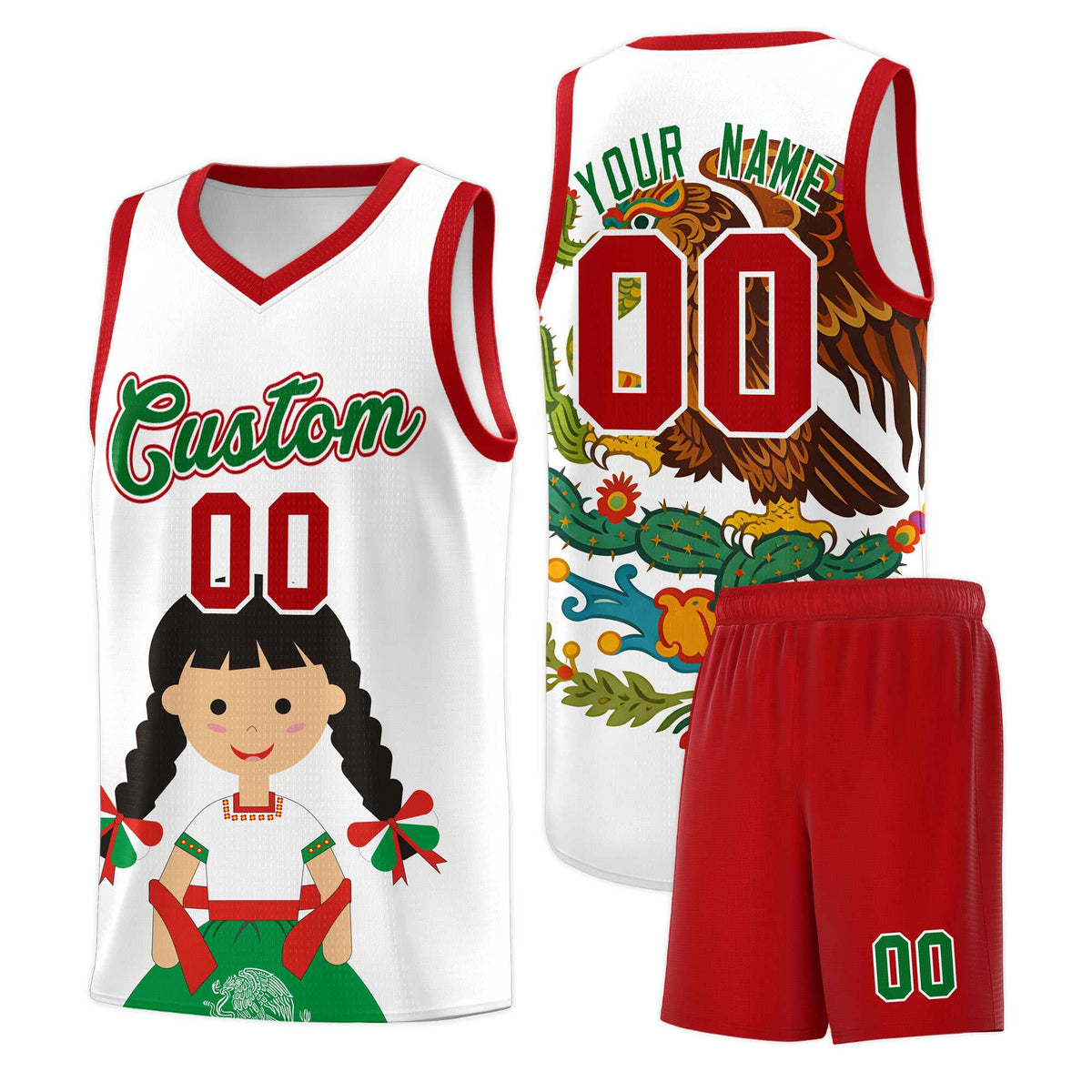 Custom White Red Mexican Colors Graffiti Patterns Sublimation Printing Uniform Basketball Jersey