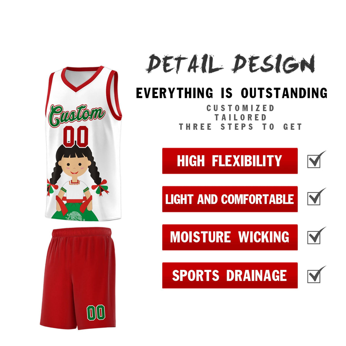Custom White Red Mexican Colors Graffiti Patterns Sublimation Printing Uniform Basketball Jersey