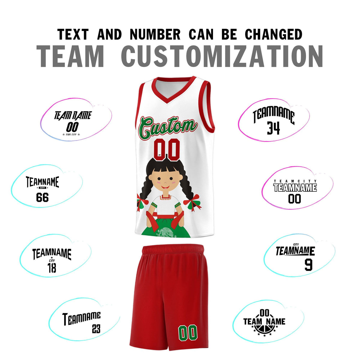 Custom White Red Mexican Colors Graffiti Patterns Sublimation Printing Uniform Basketball Jersey