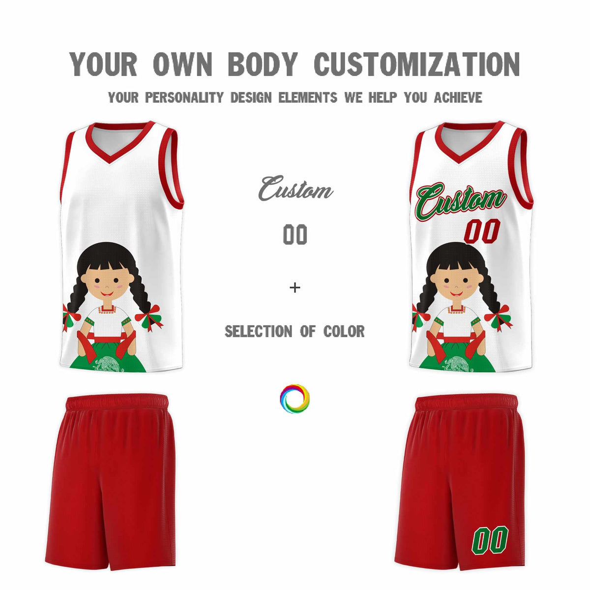 Custom White Red Mexican Colors Graffiti Patterns Sublimation Printing Uniform Basketball Jersey