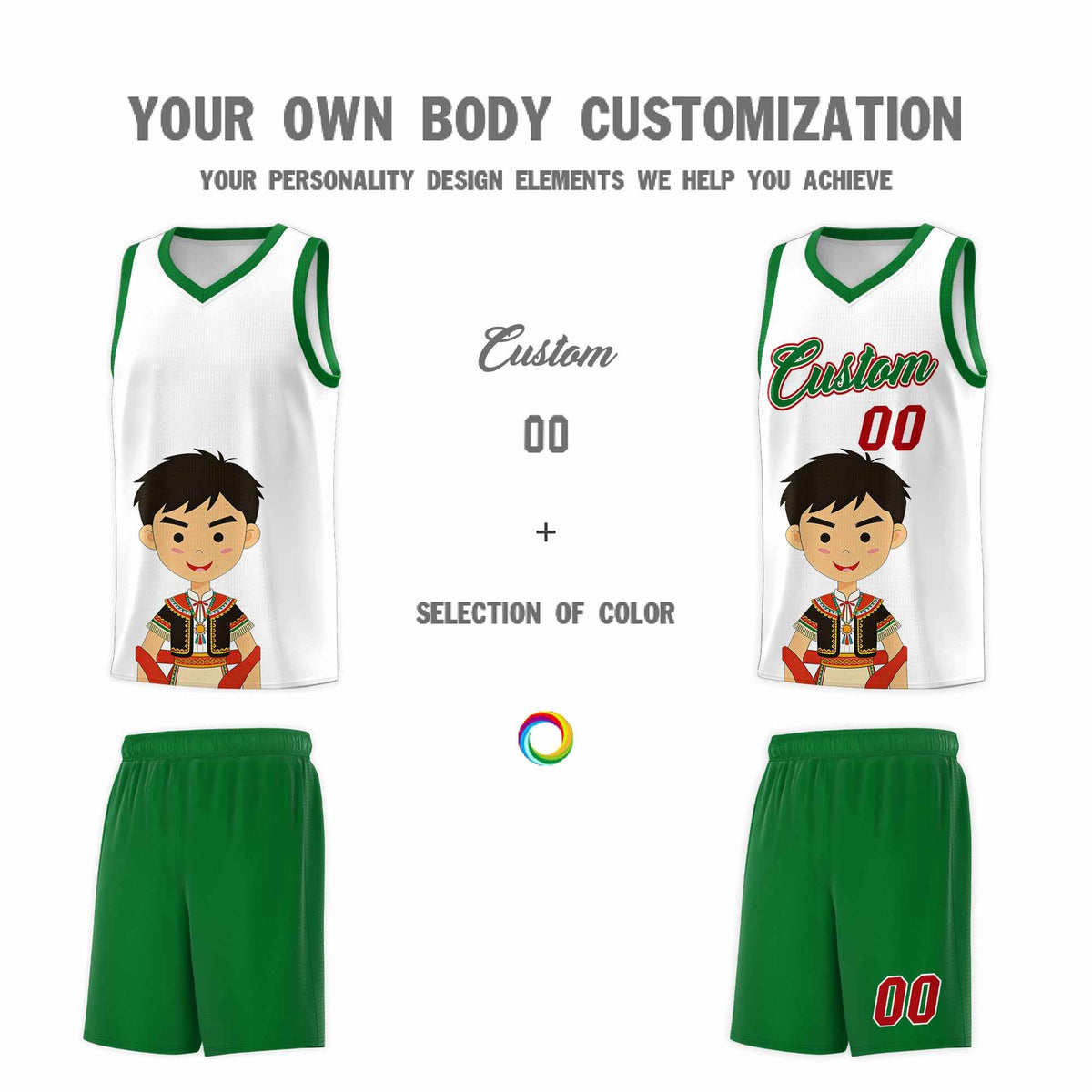 Custom White Kelly Green Mexican Colors Graffiti Patterns Breathable Uniform Basketball Jersey