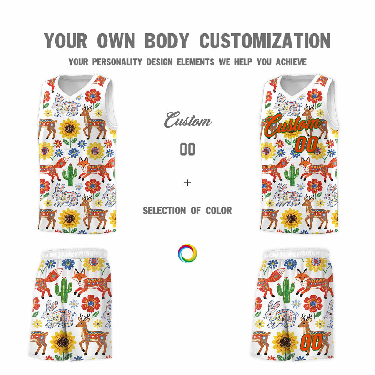 Custom White Chrysanthemum OrangeMexican Colors Graffiti Patterns Quick-Drying Uniform Basketball Jersey