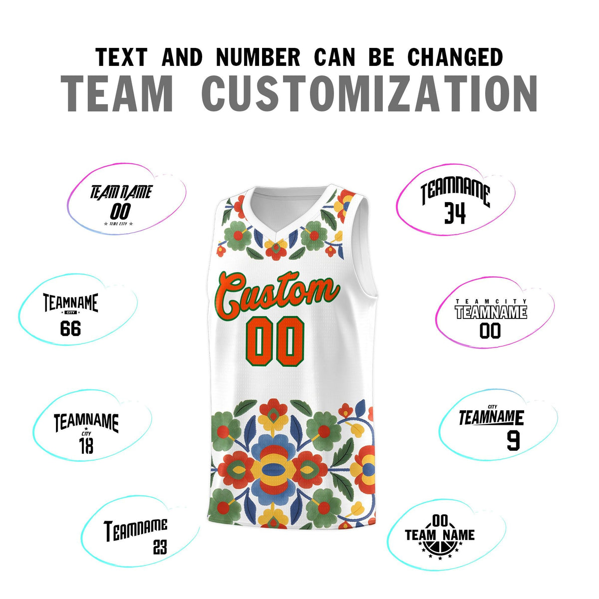 Custom White Orange Mexican Colors Graffiti Patterns Lightweight Uniform Basketball Jersey