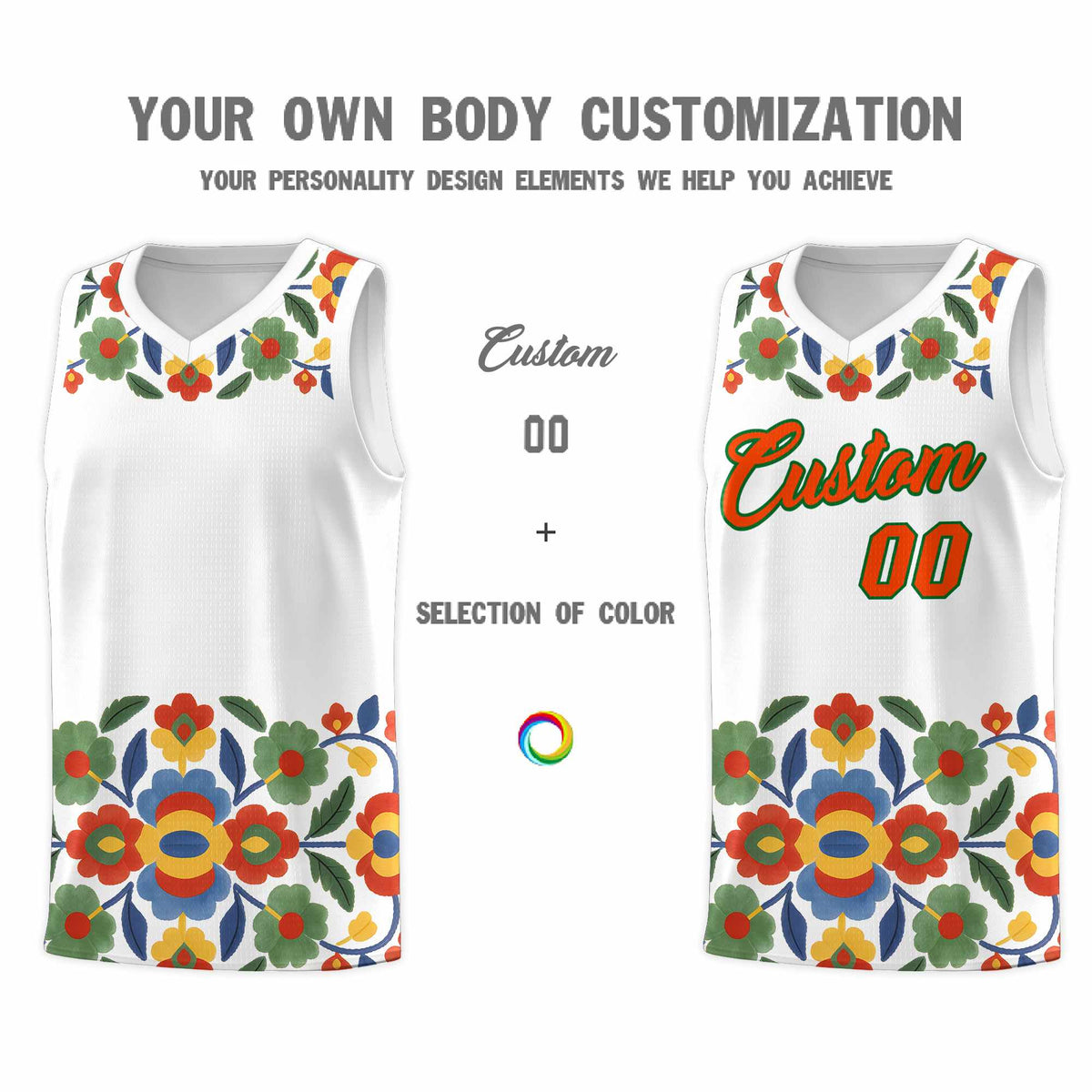Custom White Orange Mexican Colors Graffiti Patterns Lightweight Uniform Basketball Jersey