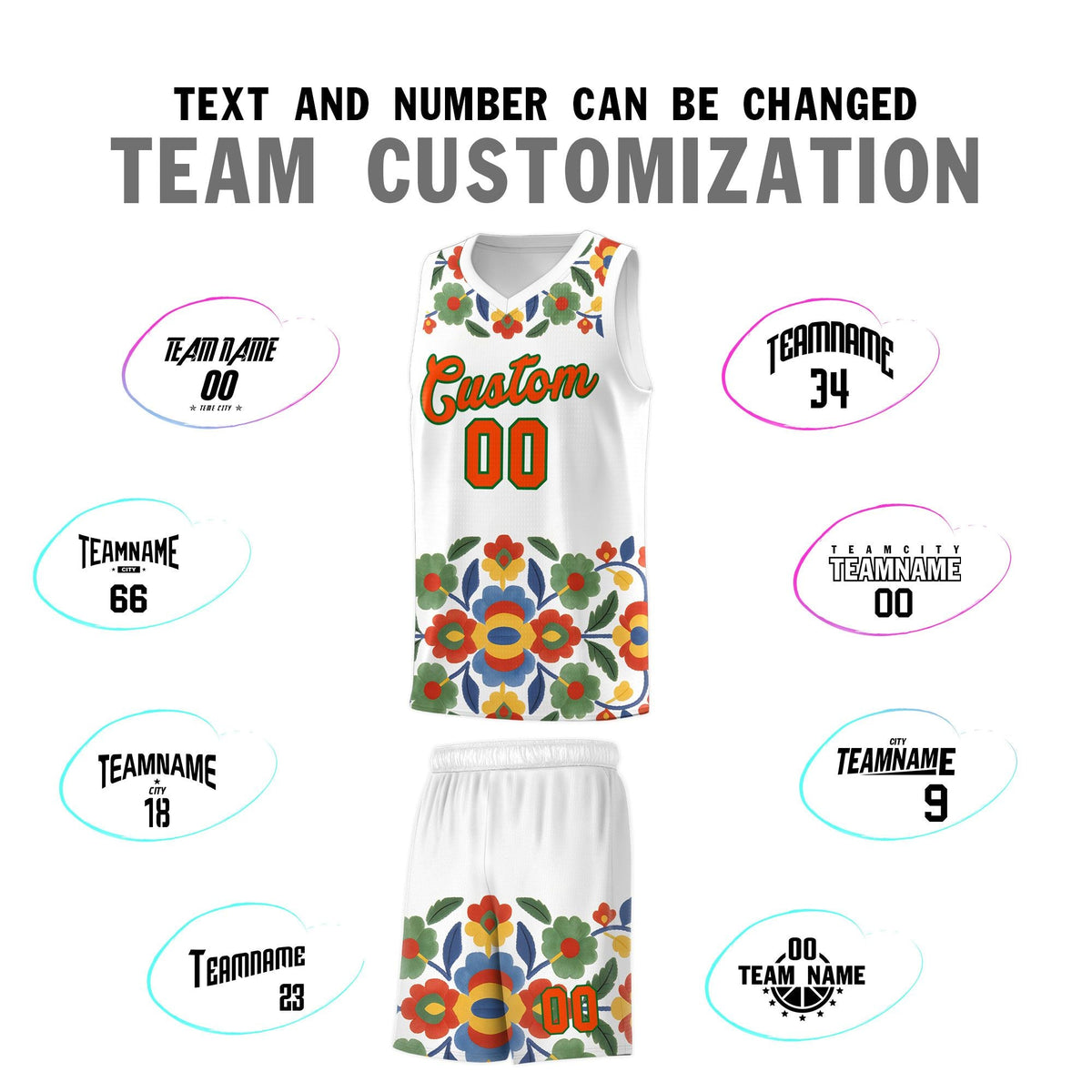 Custom White Orange Mexican Colors Graffiti Patterns Lightweight Uniform Basketball Jersey