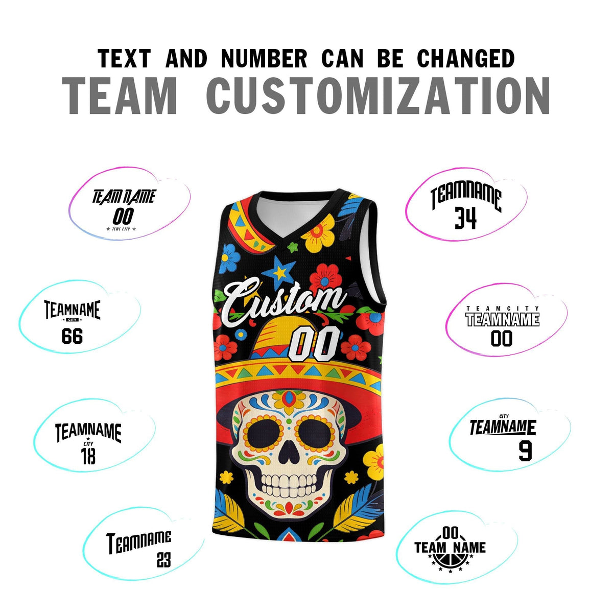 Custom Black Skeleton Mexican Colors Graffiti Patterns Breathable Uniform Basketball Jersey