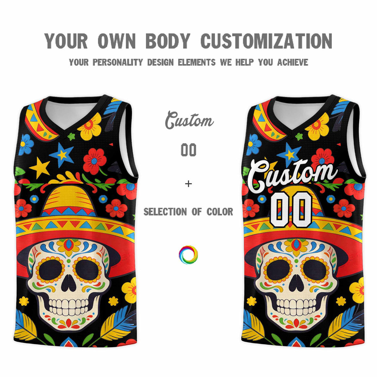 Custom Black Skeleton Mexican Colors Graffiti Patterns Breathable Uniform Basketball Jersey