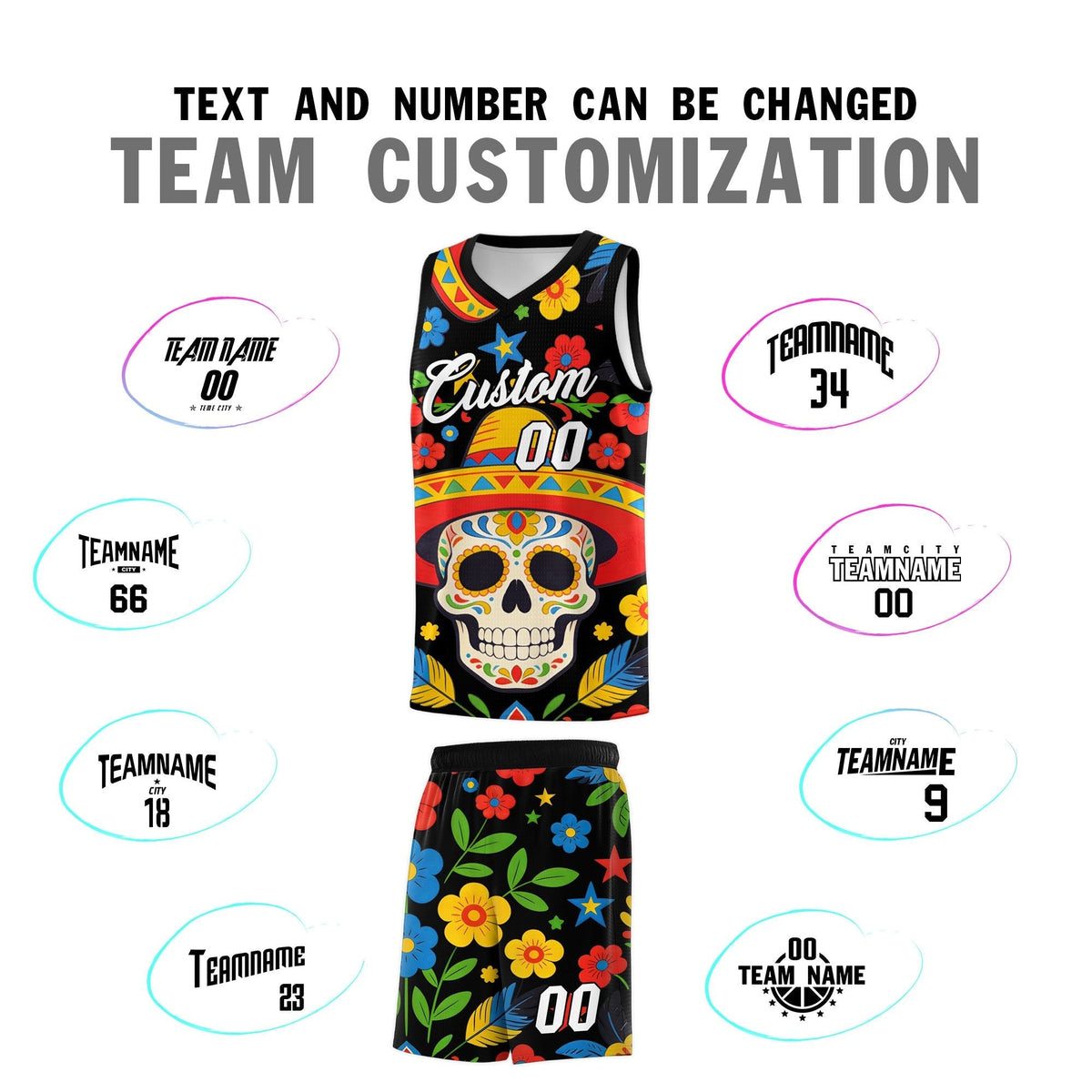 Custom Black Skeleton Mexican Colors Graffiti Patterns Breathable Uniform Basketball Jersey