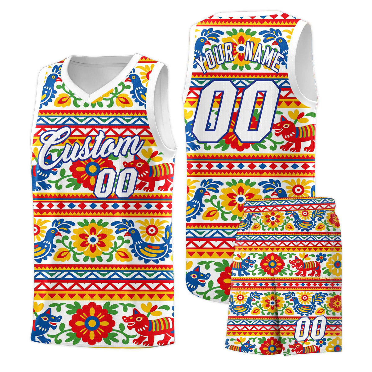 Custom White Colorfulflower pattern Mexican Colors Graffiti Patterns Quick-Drying Uniform Basketball Jersey