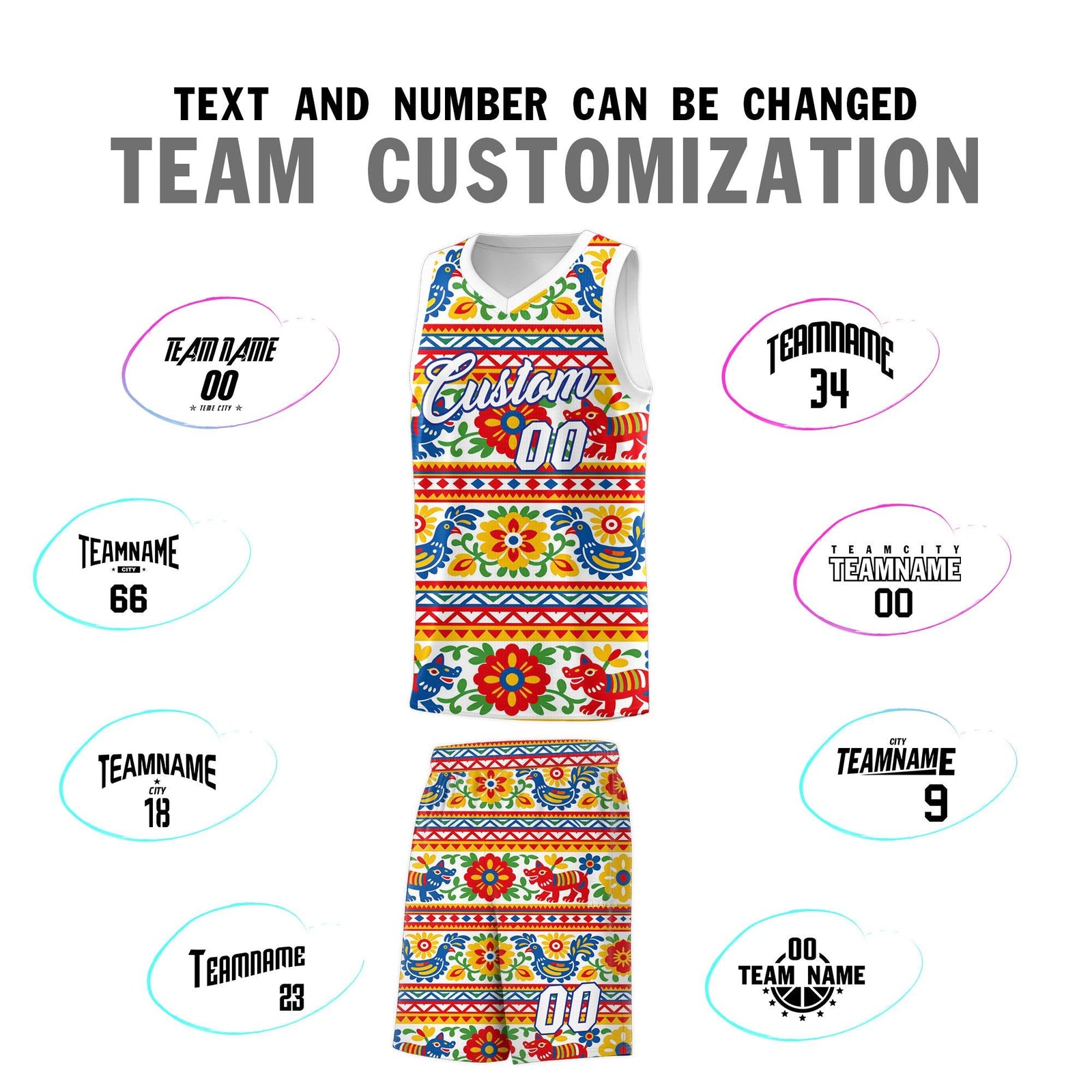 Custom White Colorfulflower pattern Mexican Colors Graffiti Patterns Quick-Drying Uniform Basketball Jersey