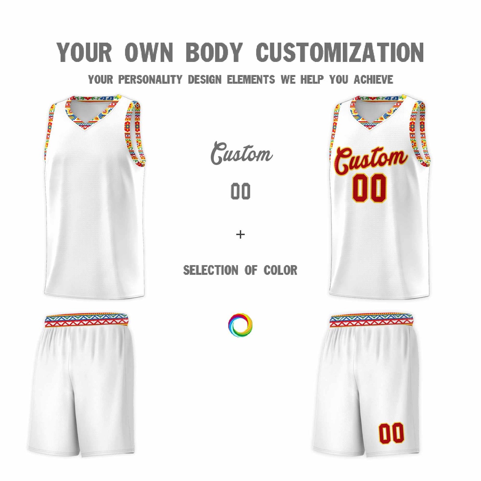 Custom White Colorfulflower pattern Mexican Colors Graffiti Patterns Wrinkle-Resistant Uniform Basketball Jersey