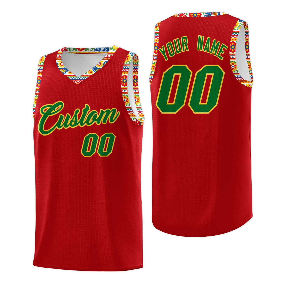 Custom Red Colorfulflower pattern Mexican Colors Graffiti Patterns Drapable Uniform Basketball Jersey