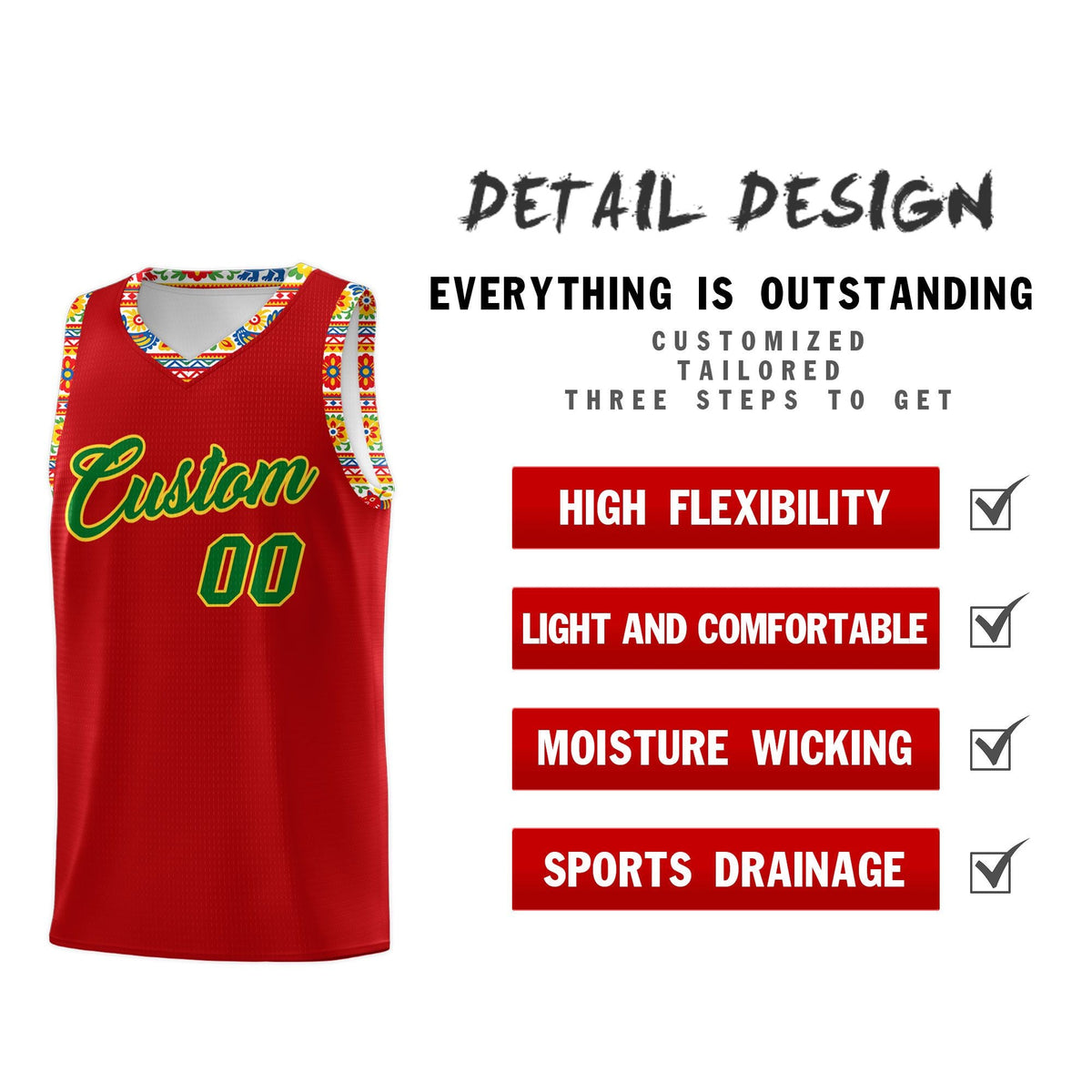 Custom Red Colorfulflower pattern Mexican Colors Graffiti Patterns Drapable Uniform Basketball Jersey