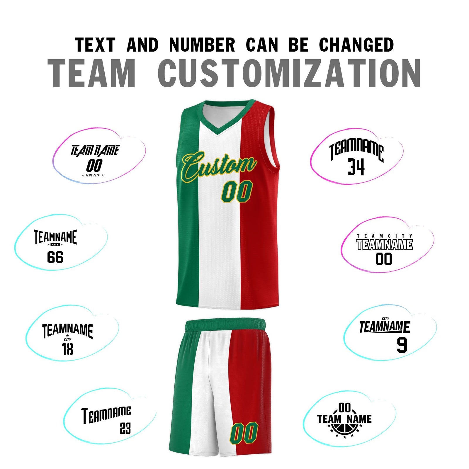 Custom White Kelly Green Red Mexican Colors Graffiti Patterns Breathable Uniform Basketball Jersey