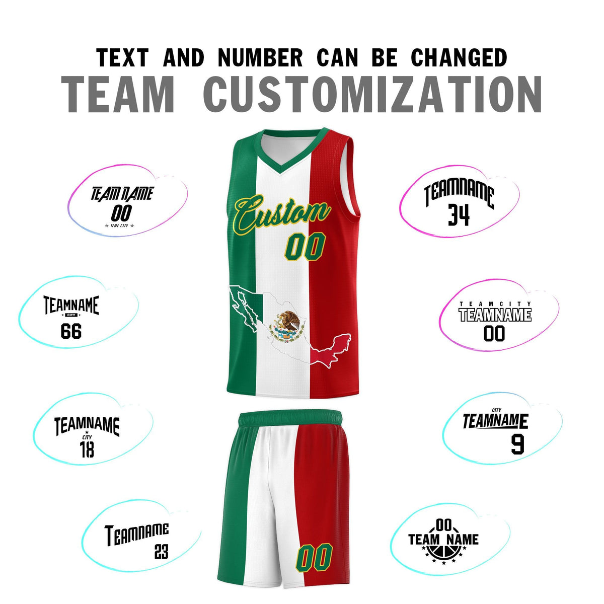 Custom White Kelly Green Red Mexican Colors Graffiti Patterns Quick-Drying Uniform Basketball Jersey
