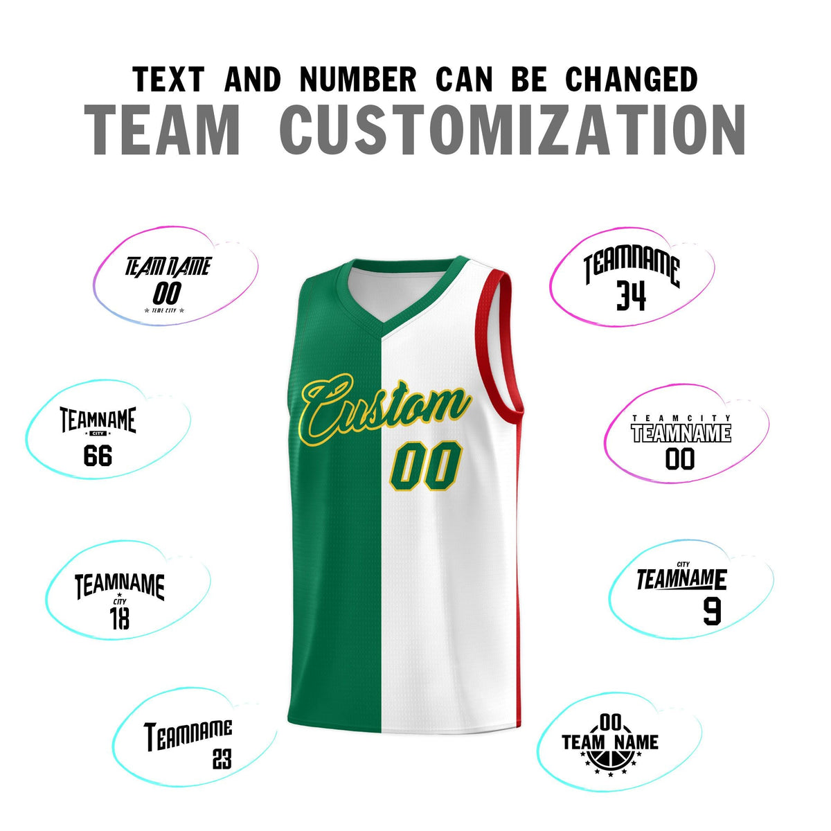 Custom White Kelly Green Red Mexican Colors Graffiti Patterns Lightweight Uniform Basketball Jersey