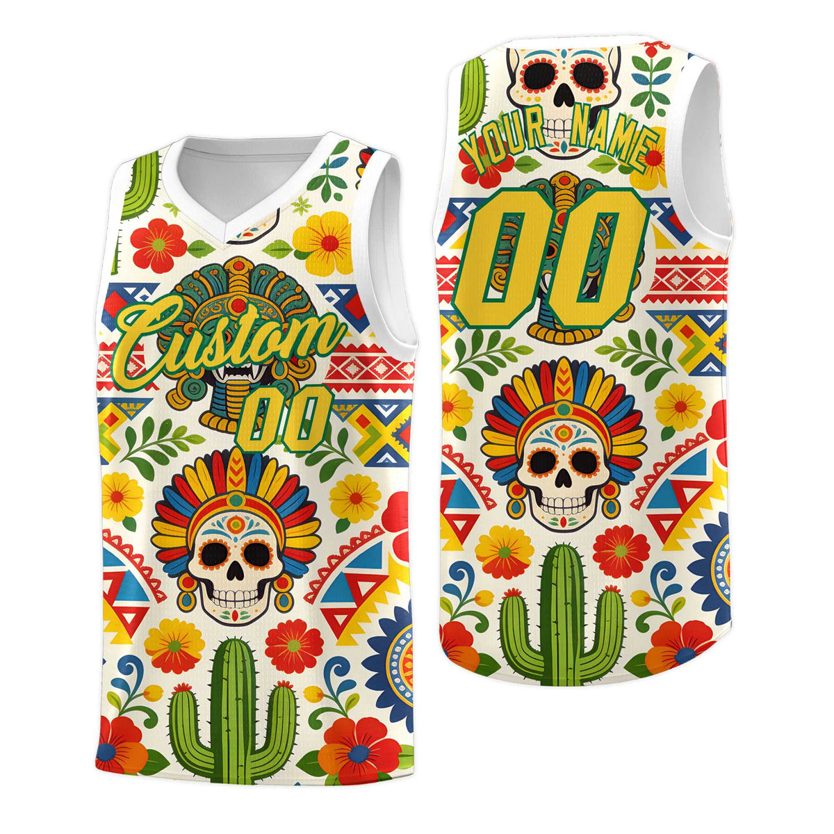 Custom White Skeleton Mexican Colors Graffiti Patterns Sublimation Printing Uniform Basketball Jersey