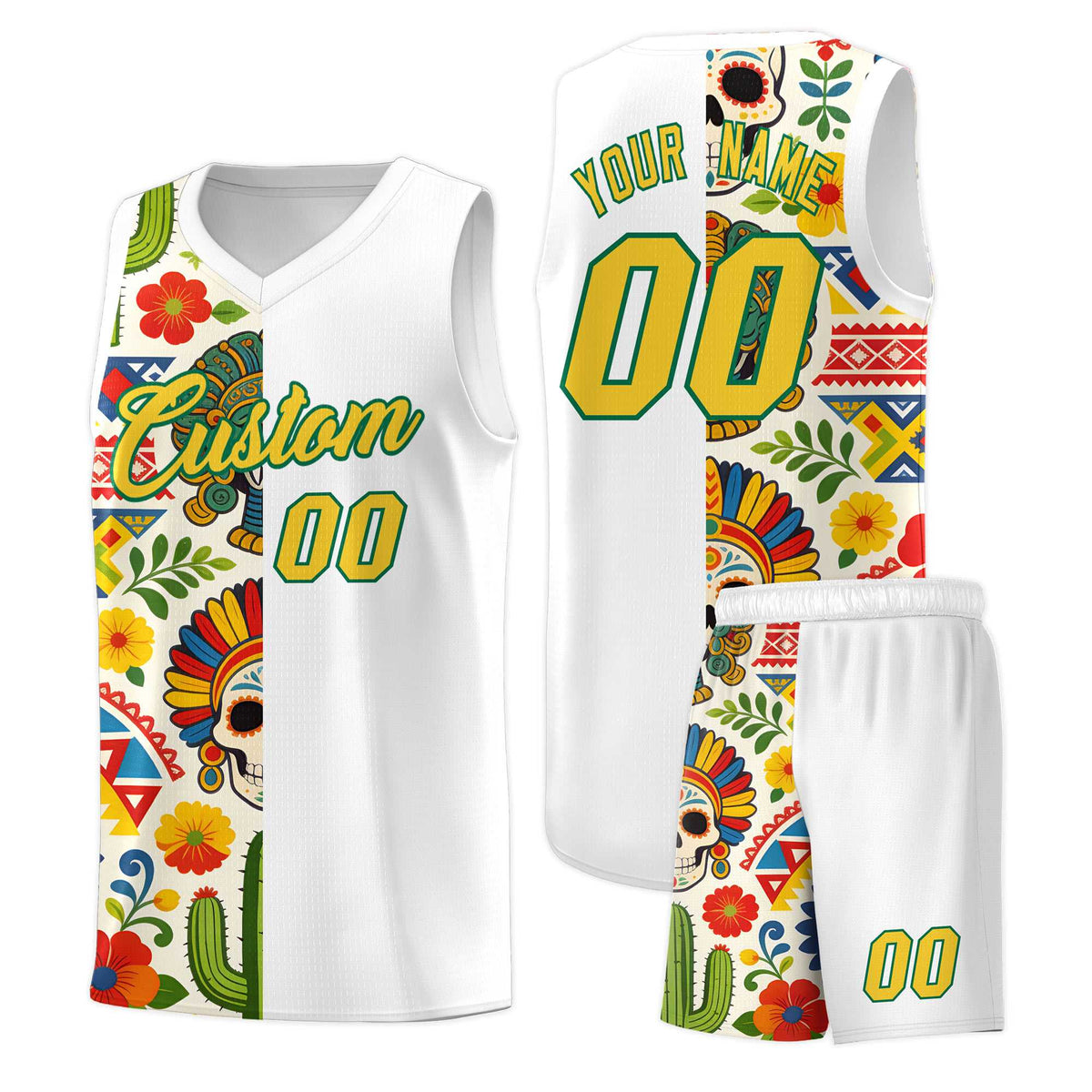 Custom White Skeleton Mexican Colors Graffiti Patterns Breathable Uniform Basketball Jersey