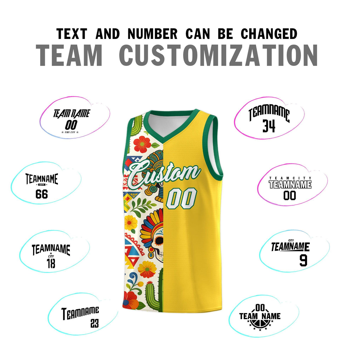 Custom Gold Skeleton Mexican Colors Graffiti Patterns Lightweight Uniform Basketball Jersey