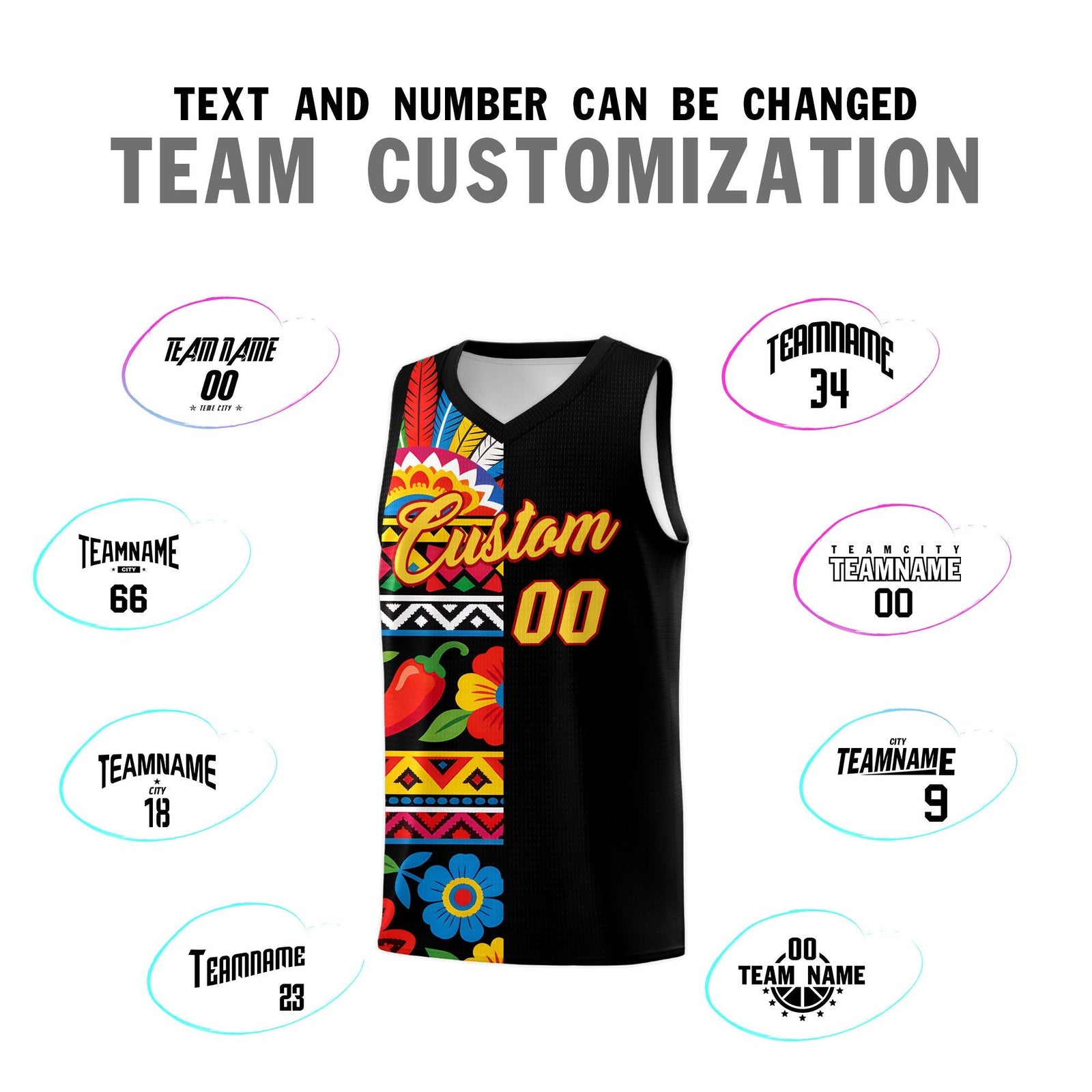 Custom Black Cactus Mexican Colors Graffiti Patterns Drapable Uniform Basketball Jersey
