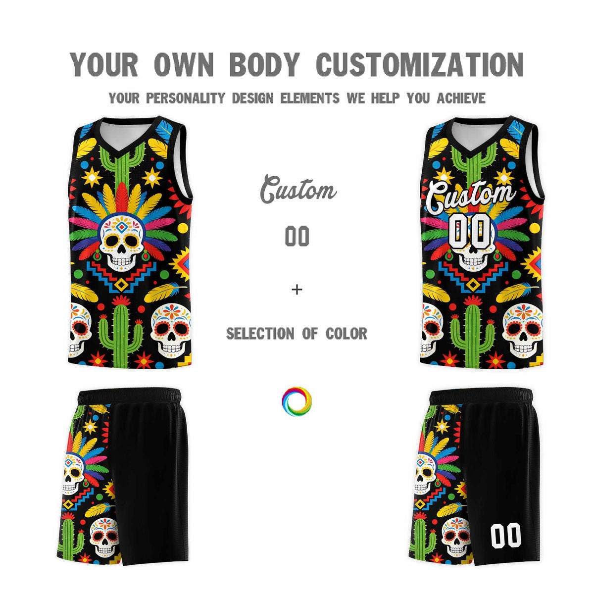 Custom Black Skeleton Mexican Colors Graffiti Patterns Sublimation Printing Uniform Basketball Jersey