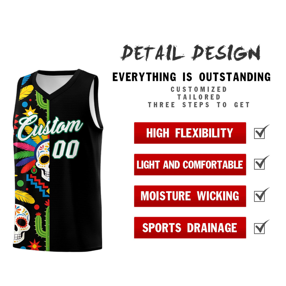 Custom Black Skeleton Mexican Colors Graffiti Patterns Breathable Uniform Basketball Jersey