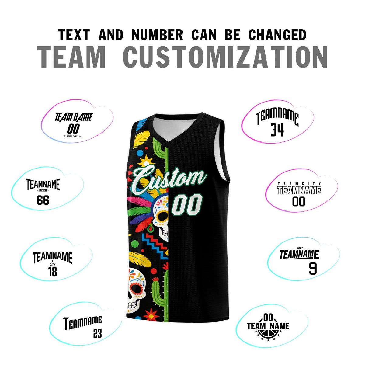 Custom Black Skeleton Mexican Colors Graffiti Patterns Breathable Uniform Basketball Jersey