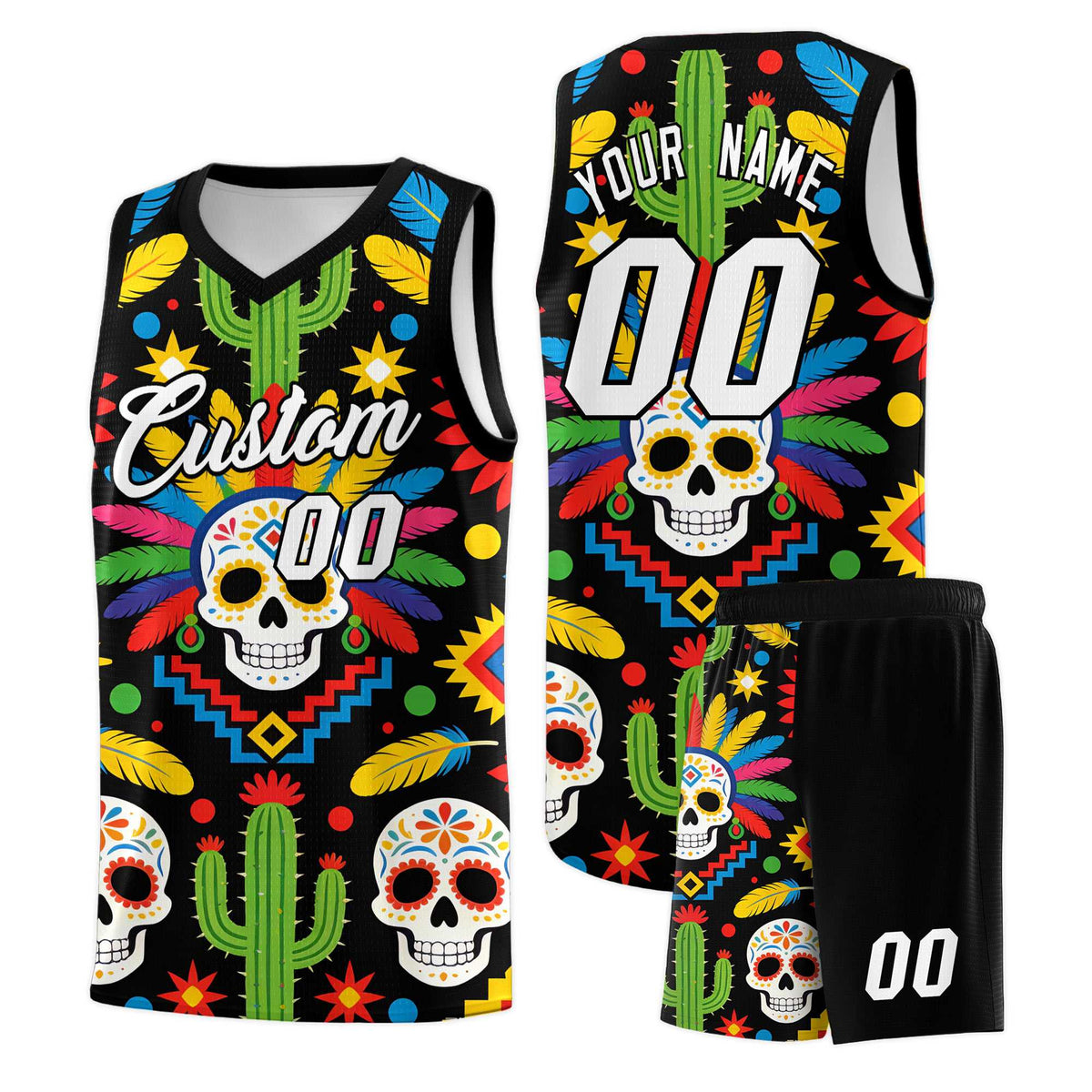 Custom Black Skeleton Mexican Colors Graffiti Patterns Quick-Drying Uniform Basketball Jersey