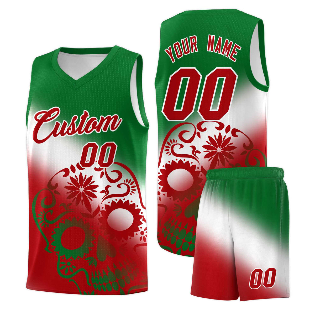 Custom White Kelly Green Red Mexican Colors Graffiti Patterns Lightweight Uniform Basketball Jersey