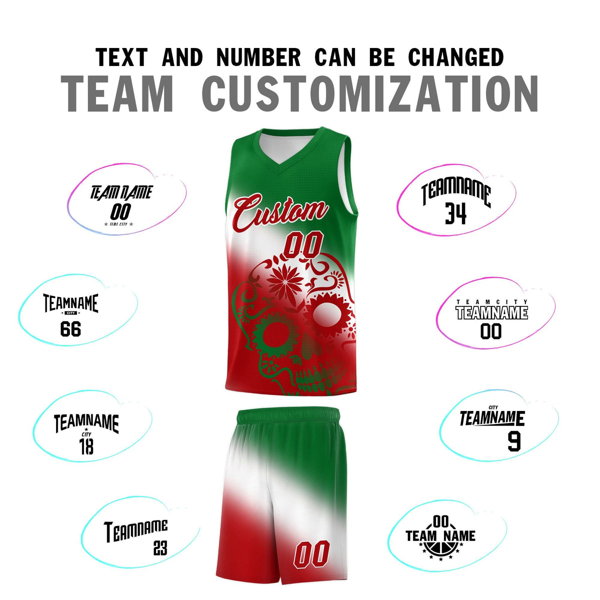 Custom White Kelly Green Red Mexican Colors Graffiti Patterns Lightweight Uniform Basketball Jersey