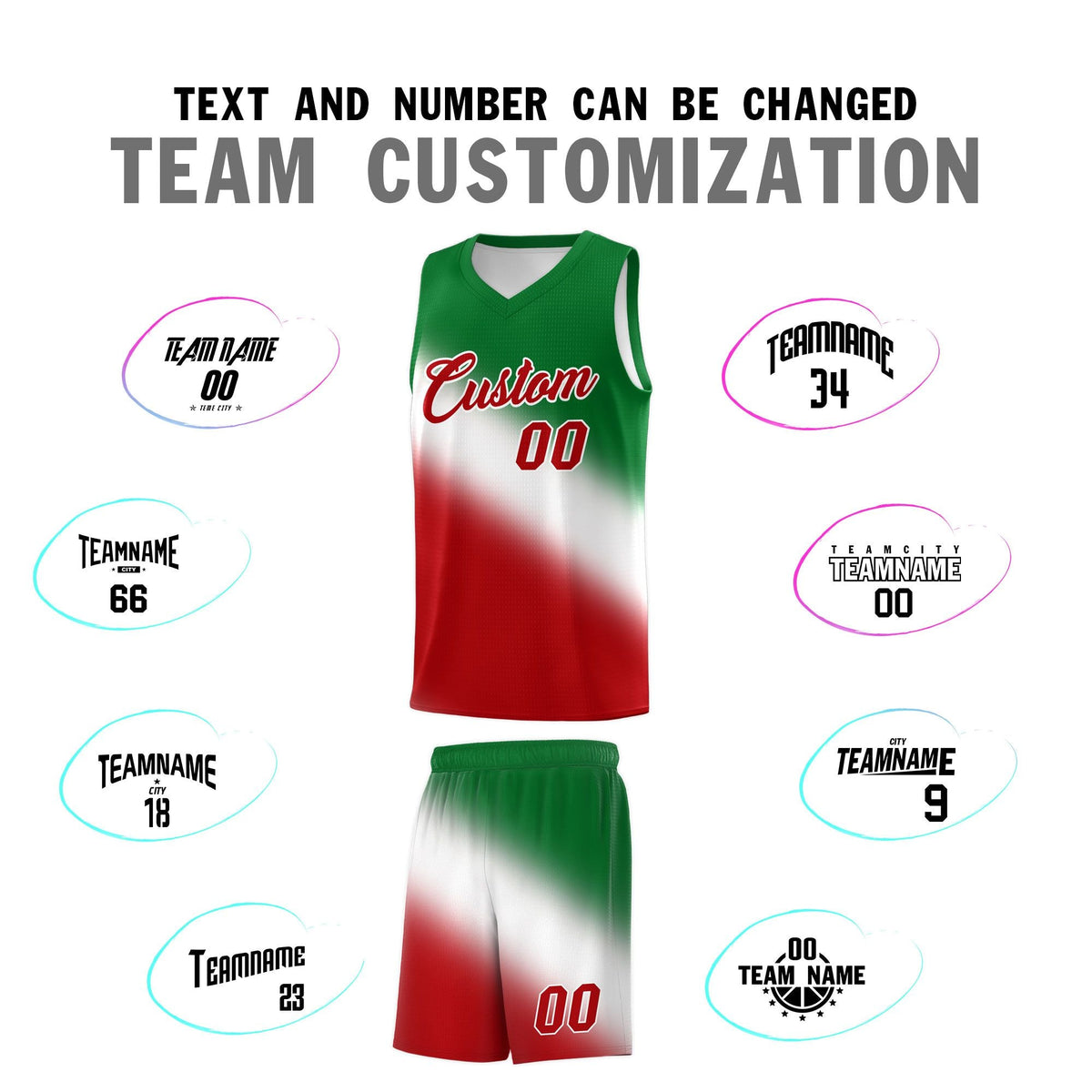 Custom White Kelly Green Red Mexican Colors Graffiti Patterns Wrinkle-Resistant Uniform Basketball Jersey