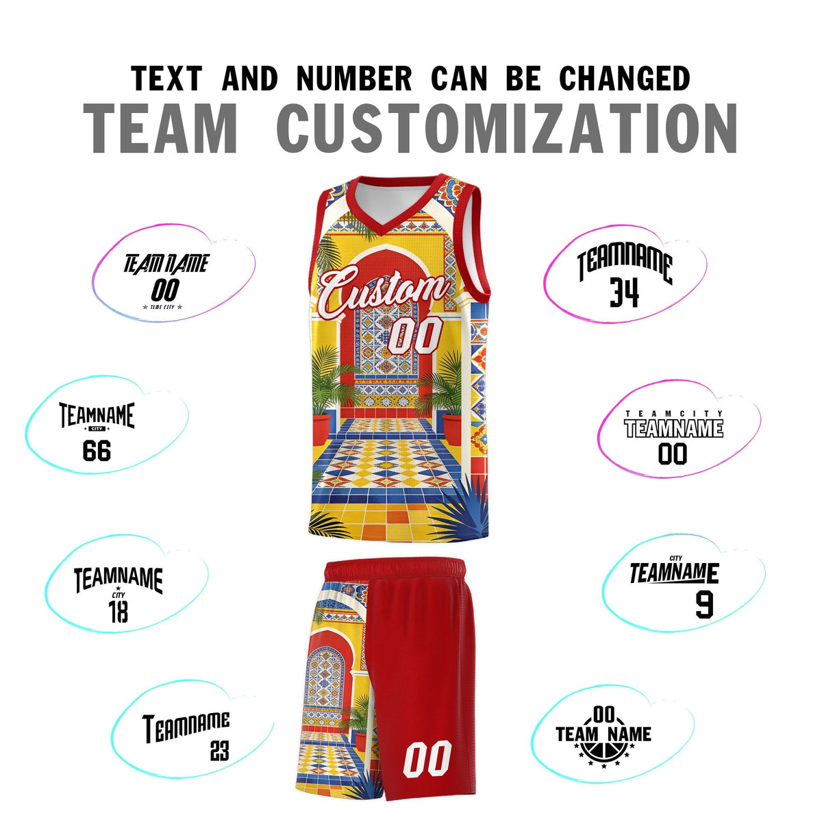 Custom Palace pattern Red Mexican Colors Graffiti Patterns Sublimation Printing Uniform Basketball Jersey