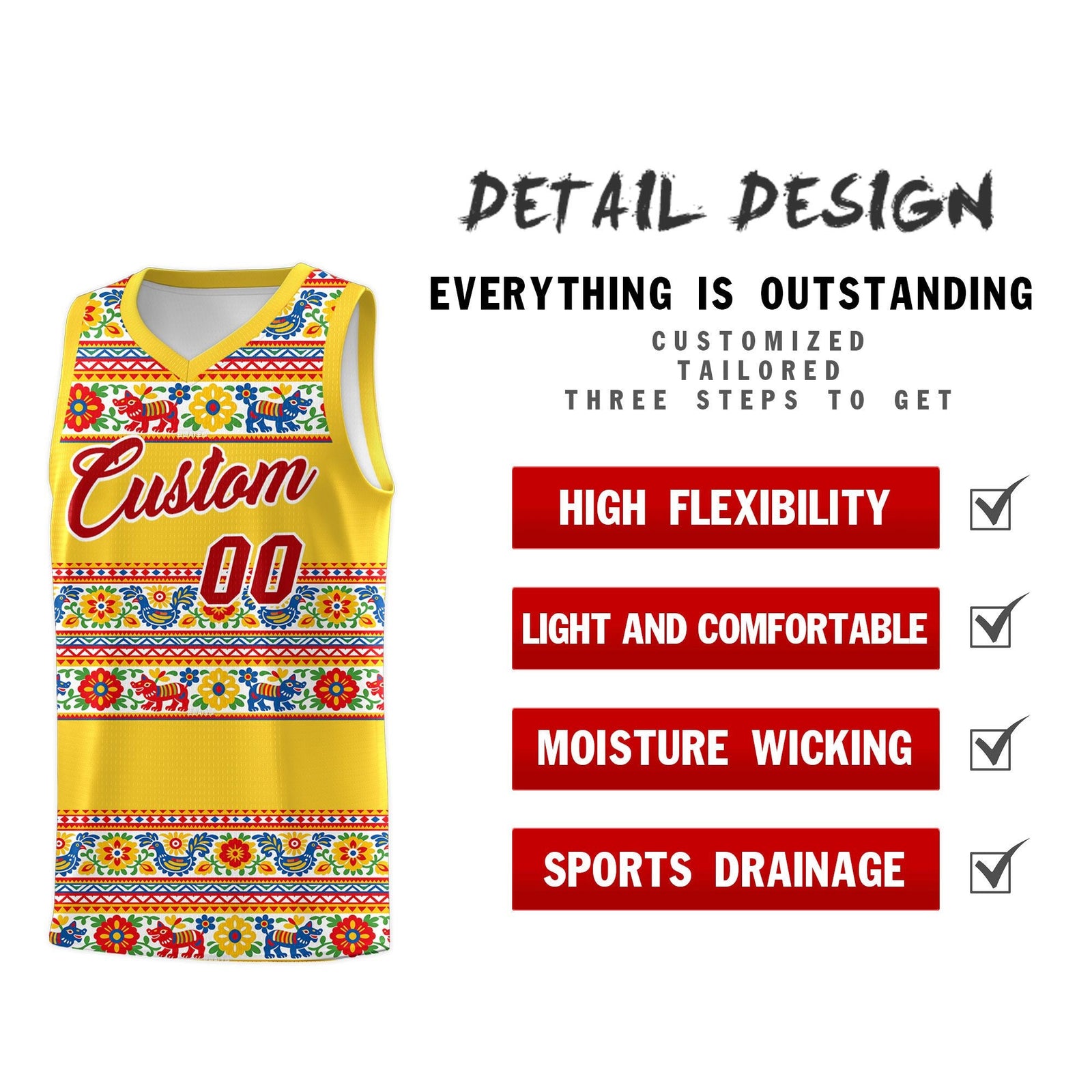 Custom Gold Colorfulflower pattern Mexican Colors Graffiti Patterns Lightweight Uniform Basketball Jersey
