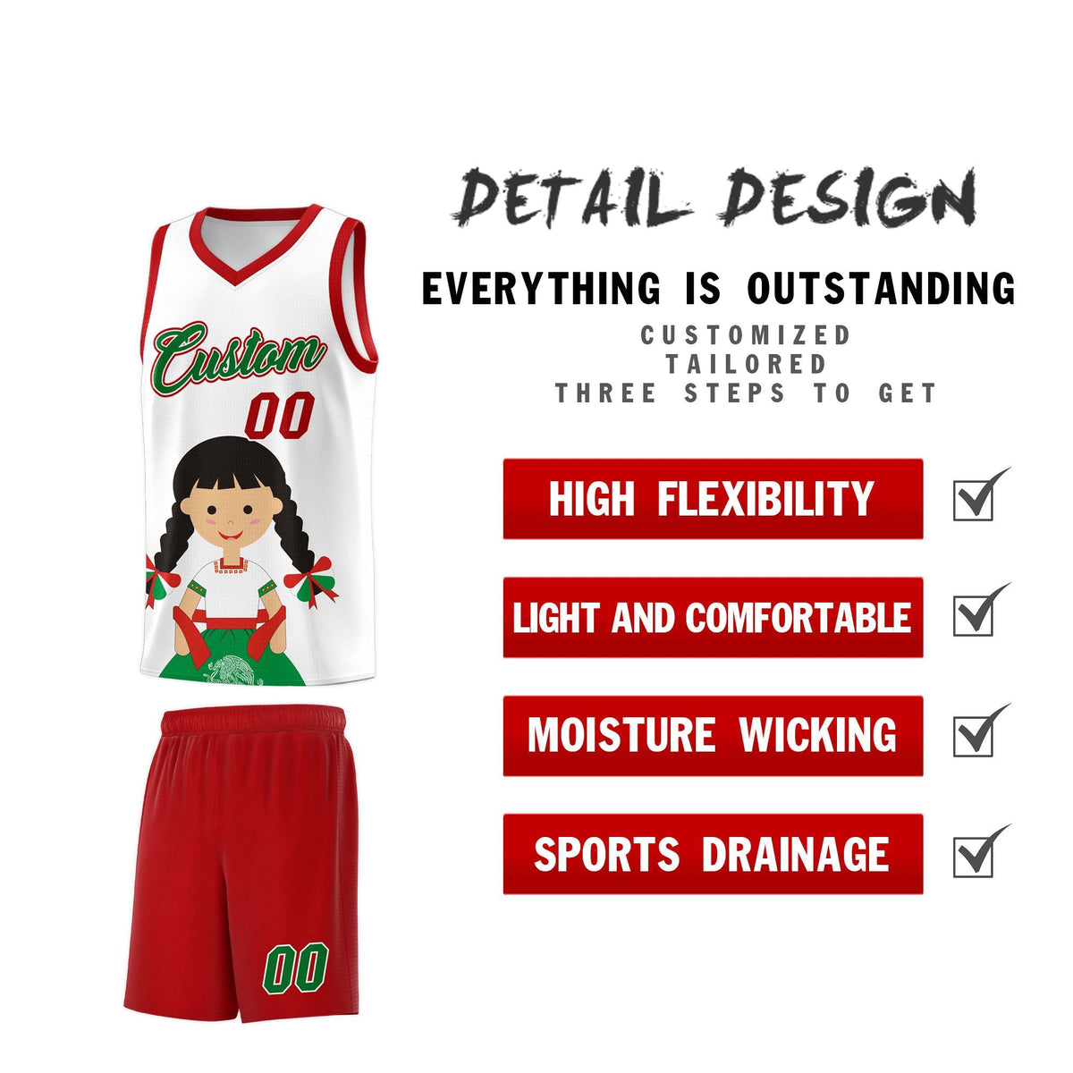 Custom White Red Mexican Colors Graffiti Patterns Sublimation Printing Uniform Basketball Jersey