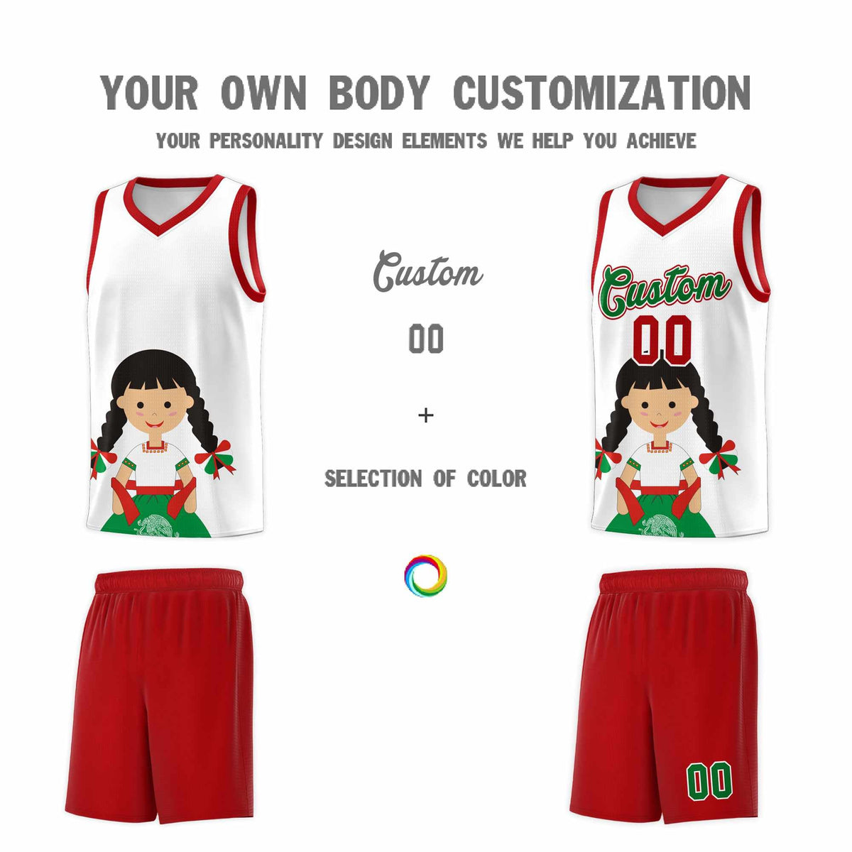 Custom White Red Mexican Colors Graffiti Patterns Sublimation Printing Uniform Basketball Jersey