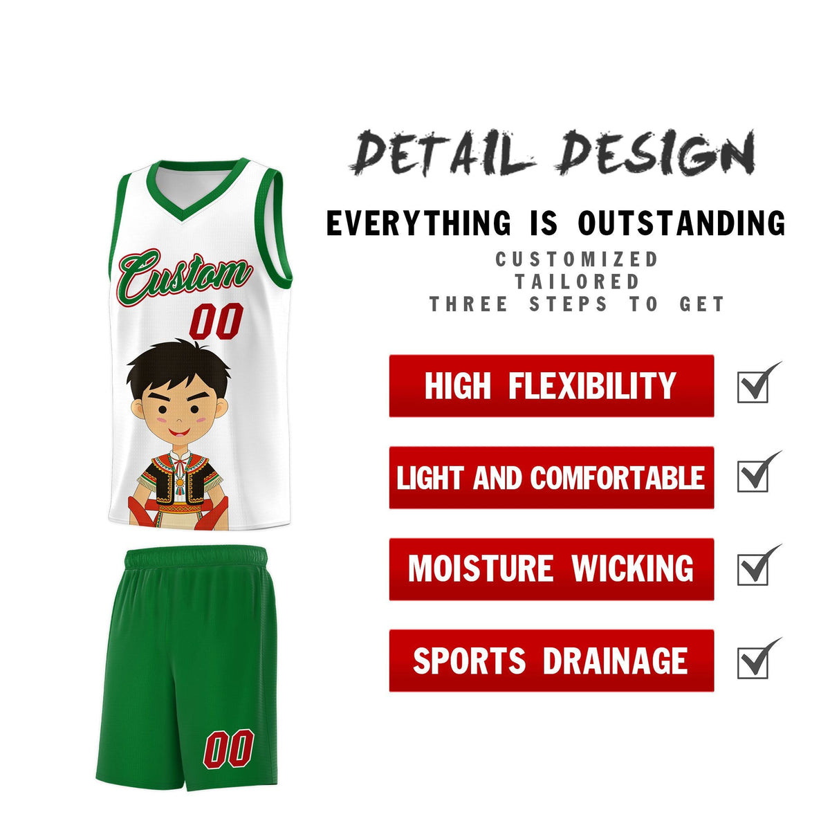 Custom White Kelly Green Mexican Colors Graffiti Patterns Breathable Uniform Basketball Jersey