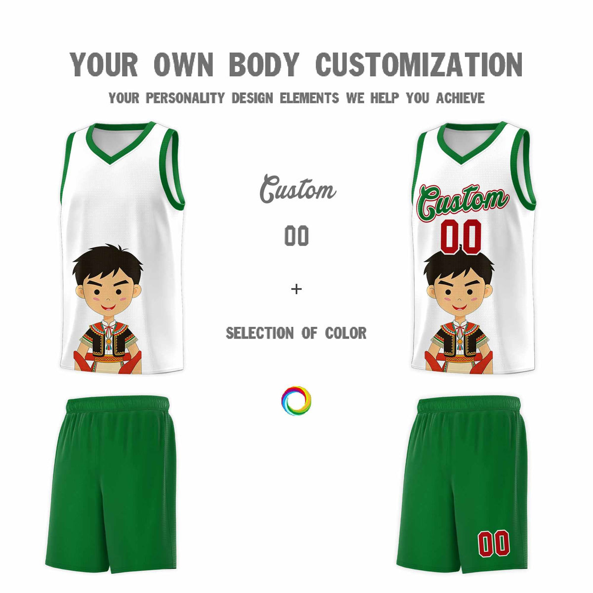 Custom White Kelly Green Mexican Colors Graffiti Patterns Breathable Uniform Basketball Jersey