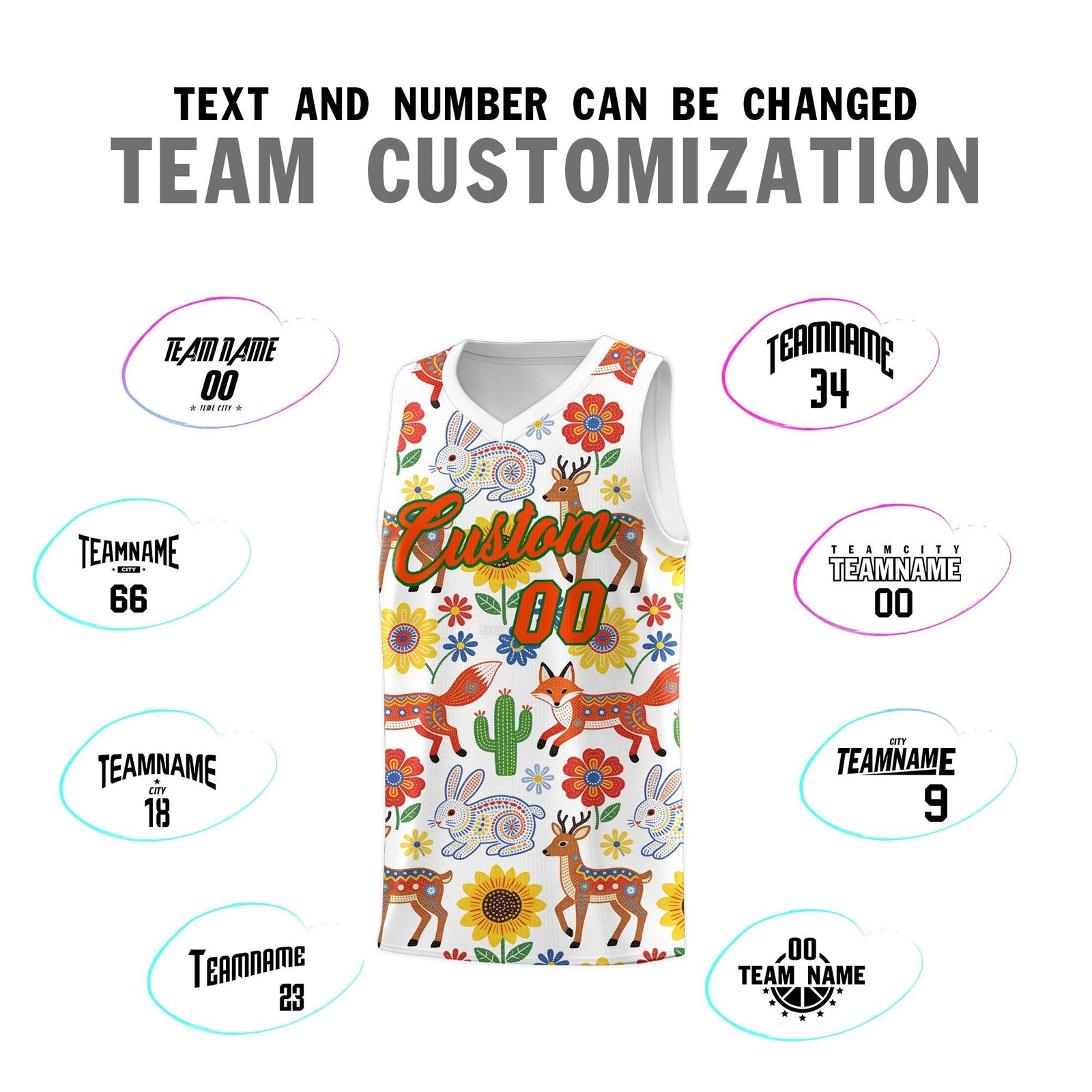 Custom White Chrysanthemum OrangeMexican Colors Graffiti Patterns Quick-Drying Uniform Basketball Jersey