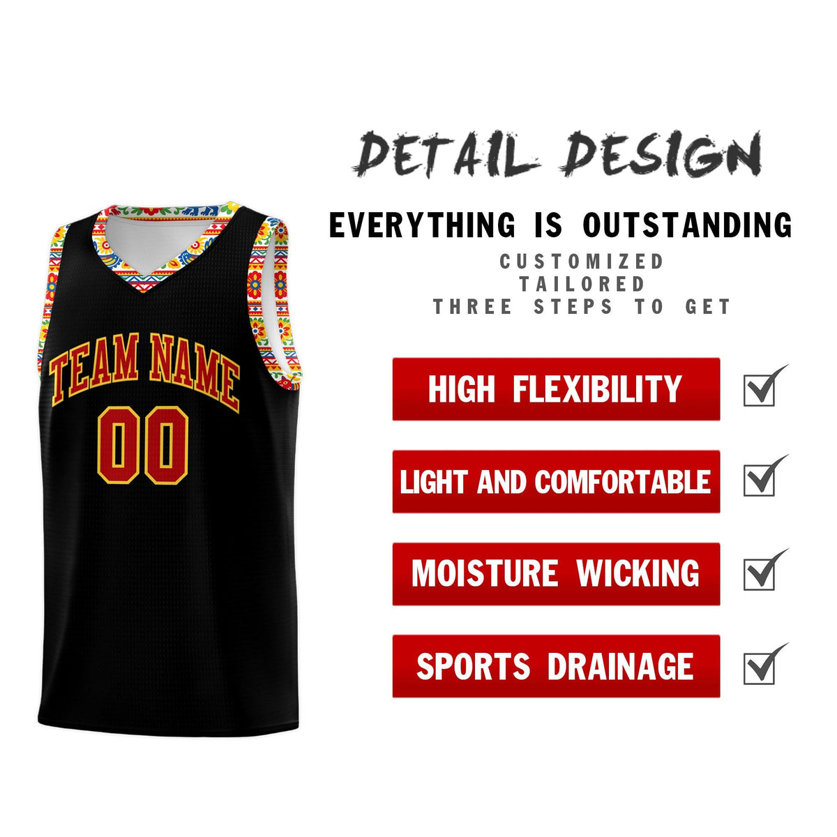Custom Black Colorfulflower pattern Mexican Colors Graffiti Patterns Sublimation Printing Uniform Basketball Jersey