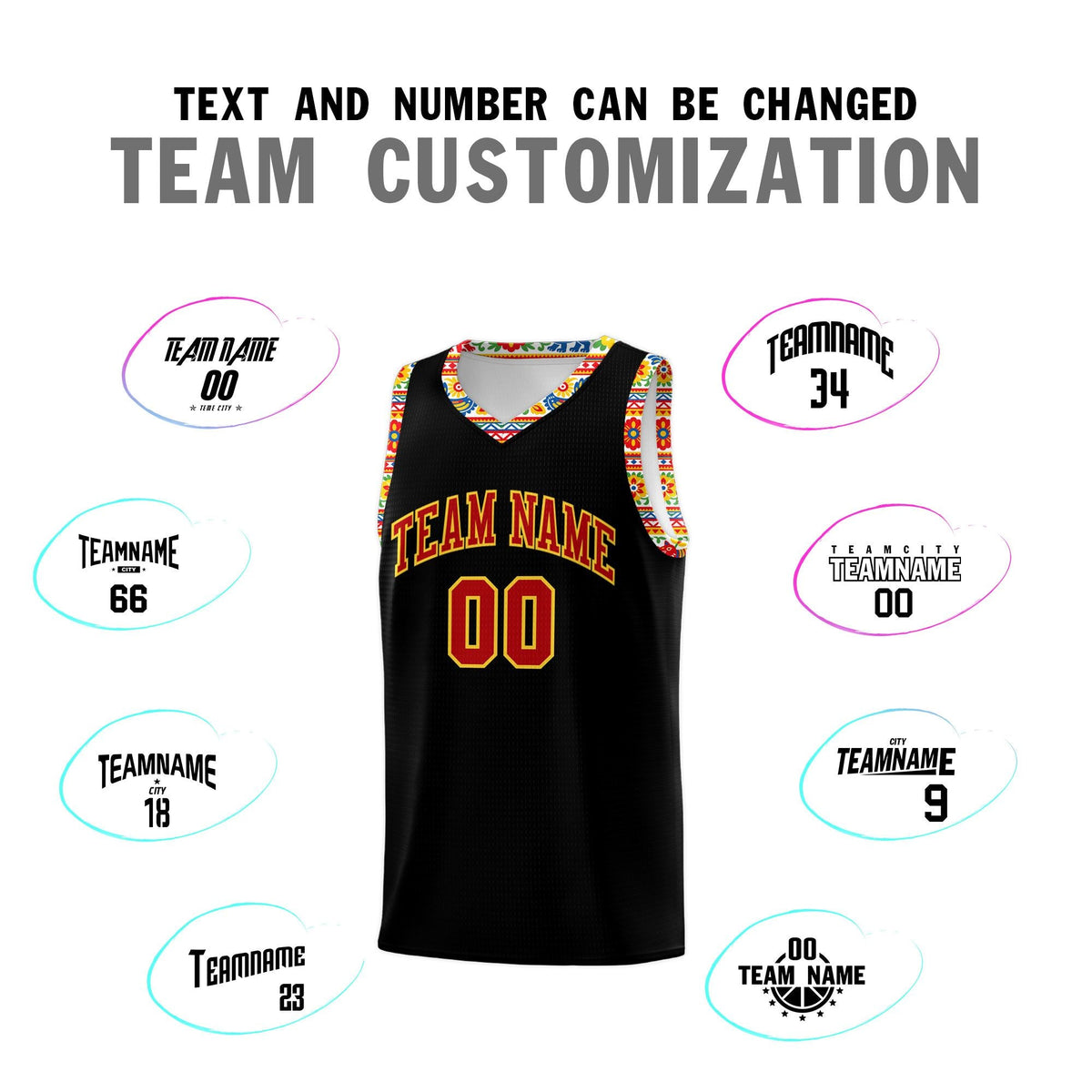 Custom Black Colorfulflower pattern Mexican Colors Graffiti Patterns Sublimation Printing Uniform Basketball Jersey