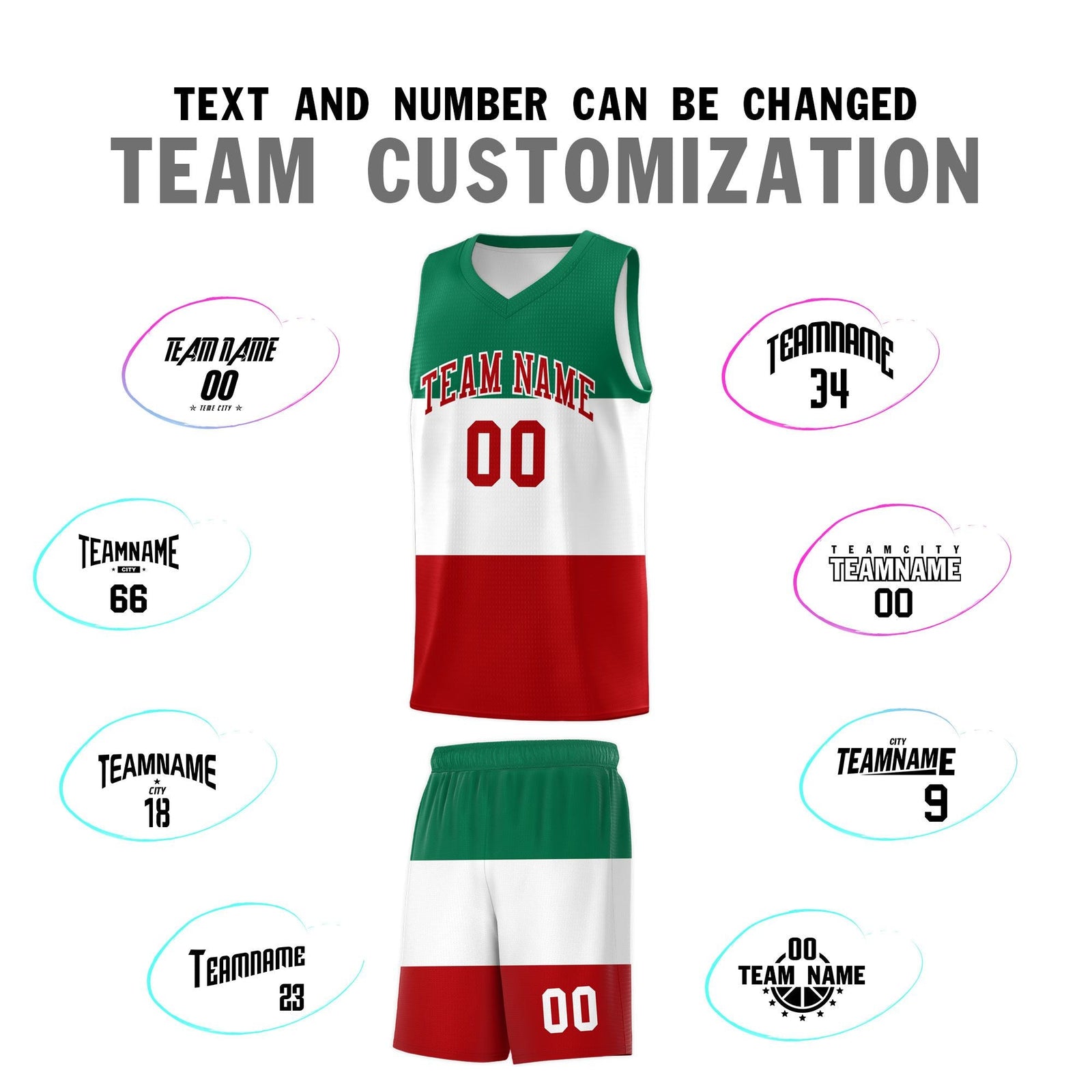 Custom White Kelly Green Red Mexican Colors Graffiti Patterns Drapable Uniform Basketball Jersey