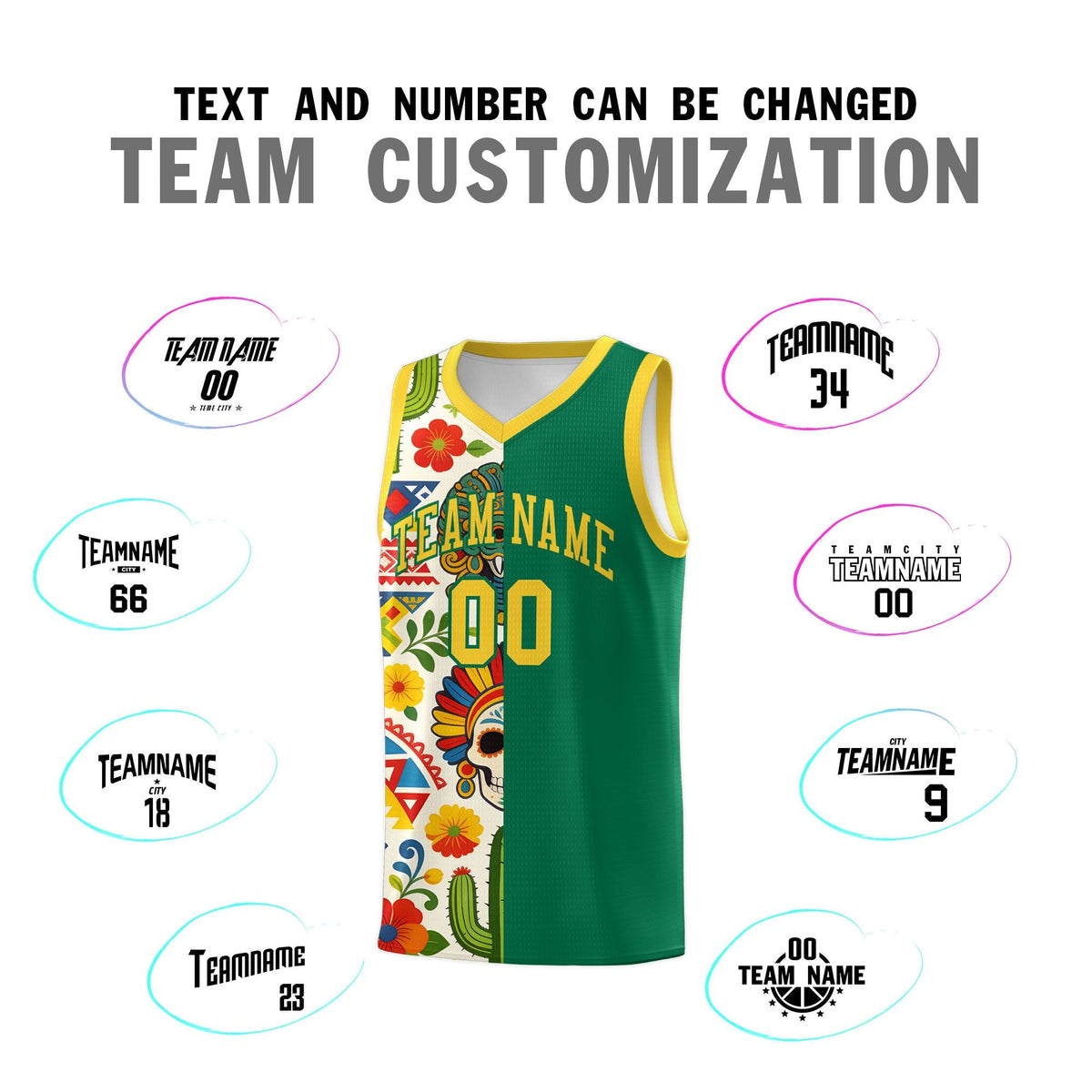 Custom Kelly Green Skeleton Mexican Colors Graffiti Patterns Quick-Drying Uniform Basketball Jersey