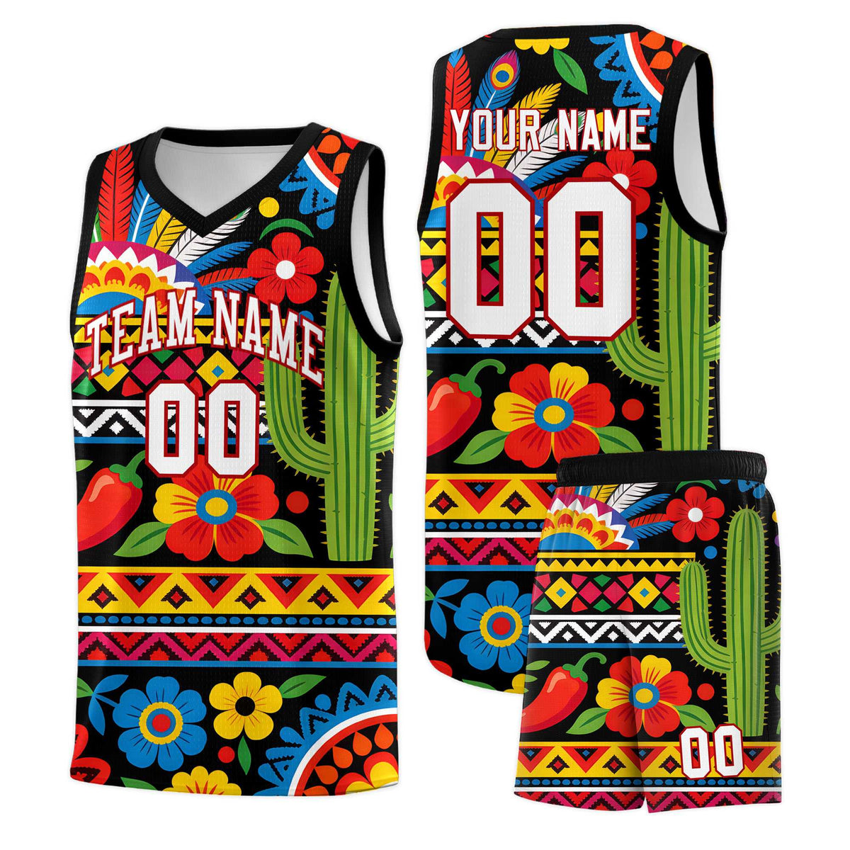 Custom Black Cactus Mexican Colors Graffiti Patterns Wrinkle-Resistant Uniform Basketball Jersey