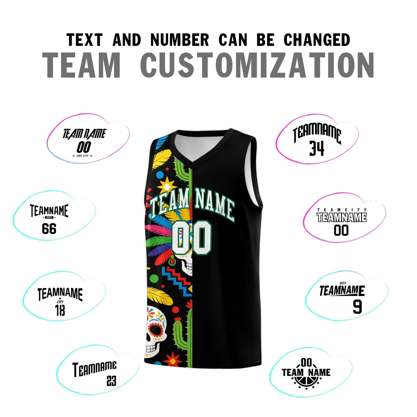 Custom Black Skeleton Mexican Colors Graffiti Patterns Breathable Uniform Basketball Jersey