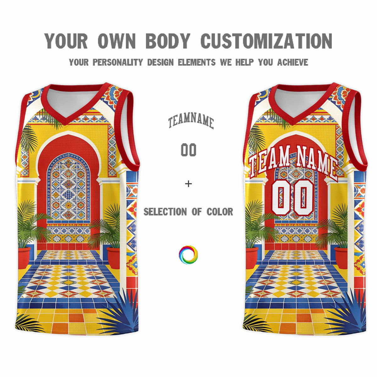 Custom Palace pattern Red Mexican Colors Graffiti Patterns Sublimation Printing Uniform Basketball Jersey