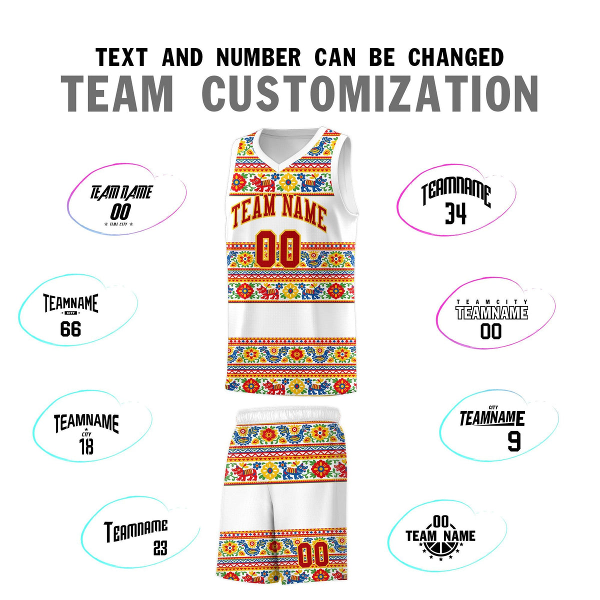 Custom White Colorfulflower pattern Mexican Colors Graffiti Patterns Quick-Drying Uniform Basketball Jersey