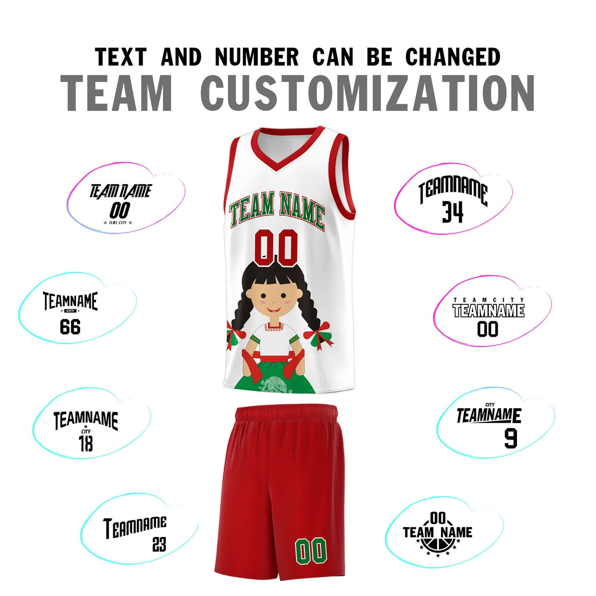 Custom White Red Mexican Colors Graffiti Patterns Sublimation Printing Uniform Basketball Jersey
