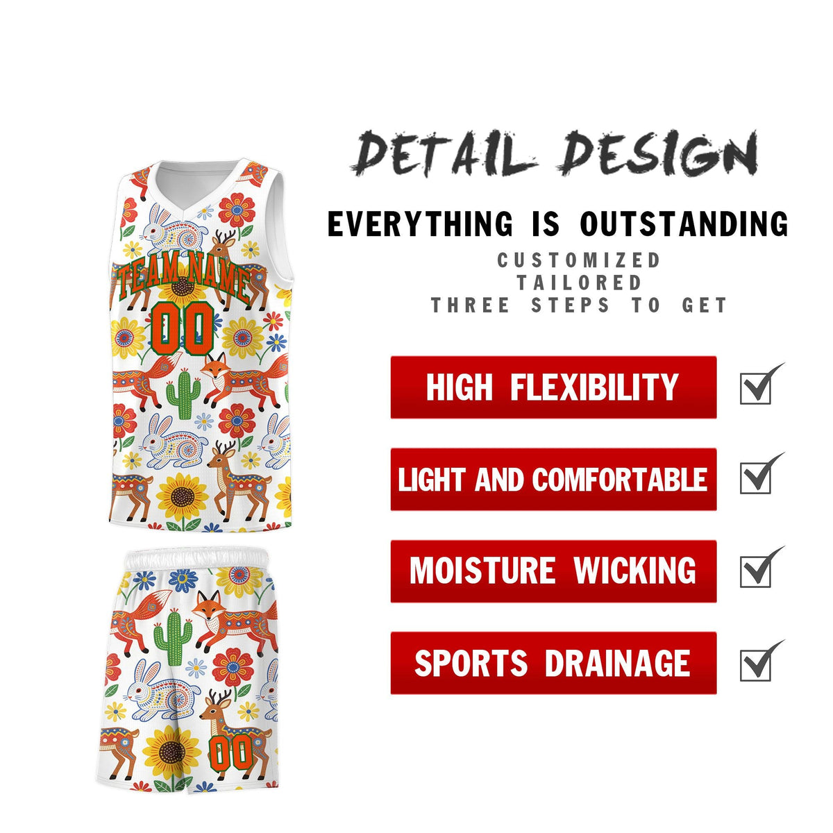 Custom White Chrysanthemum OrangeMexican Colors Graffiti Patterns Quick-Drying Uniform Basketball Jersey