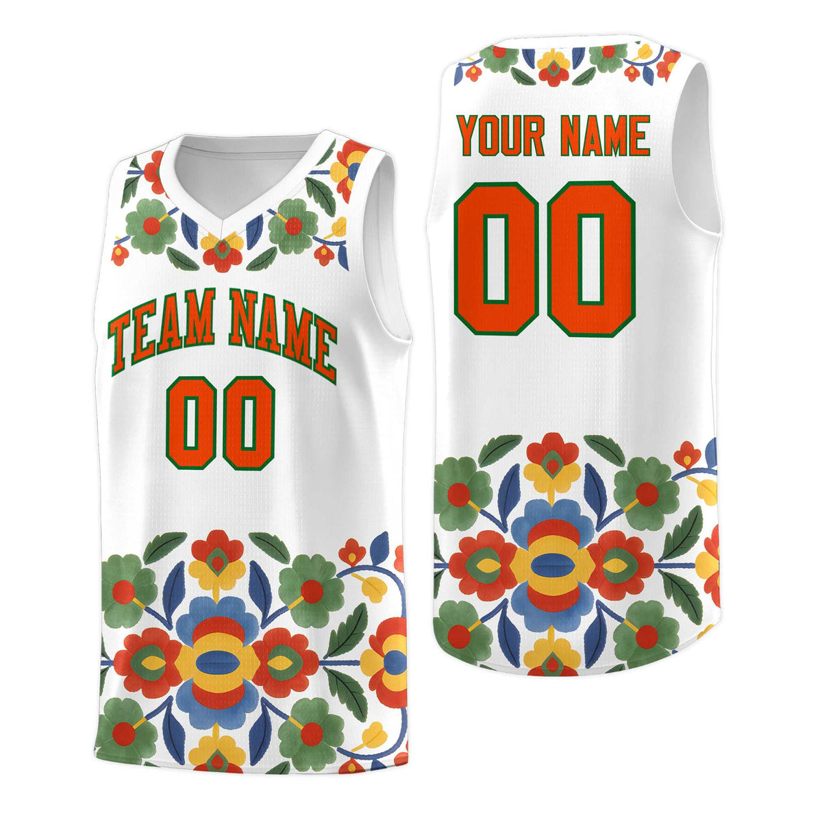 Custom White Orange Mexican Colors Graffiti Patterns Lightweight Uniform Basketball Jersey