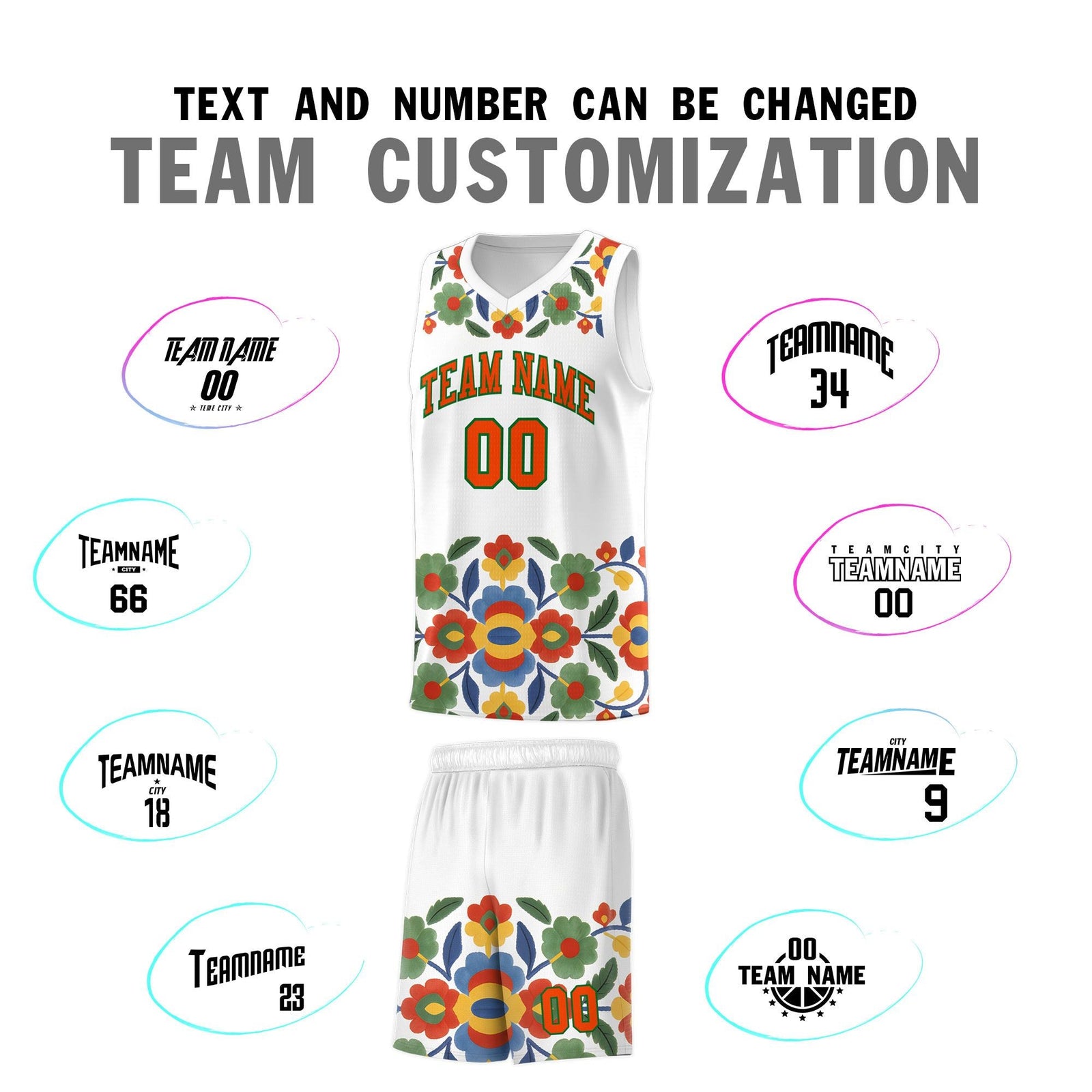 Custom White Orange Mexican Colors Graffiti Patterns Lightweight Uniform Basketball Jersey